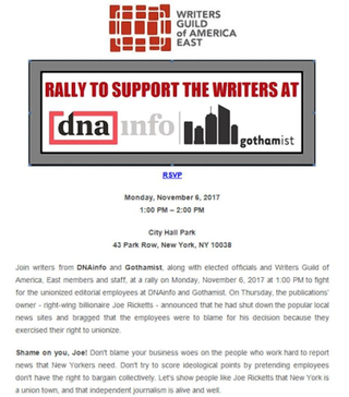 About 30 reporters and editors of the now-defunct DNAinfo and Gothamist news sites joined union members, elected officials and others at New York’s City Hall Park Monday to call out their owner for the company’s sudden shuttering, am New York reported.